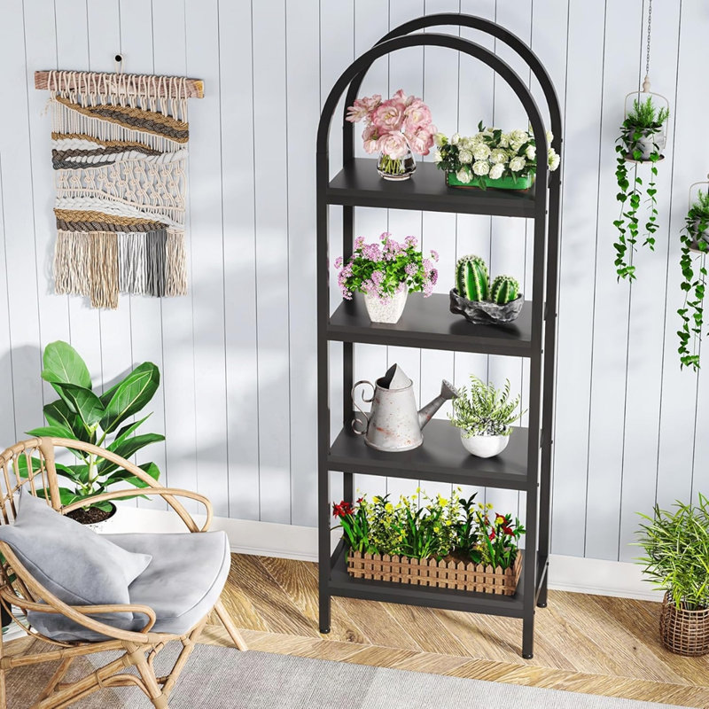 4-Tier Black Industrial Arched Open Bookshelf