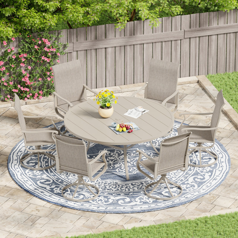 Ensemble de salle à manger de patio avec table de salle à manger ronde très large de 53 po et 6 chaises pivotantes