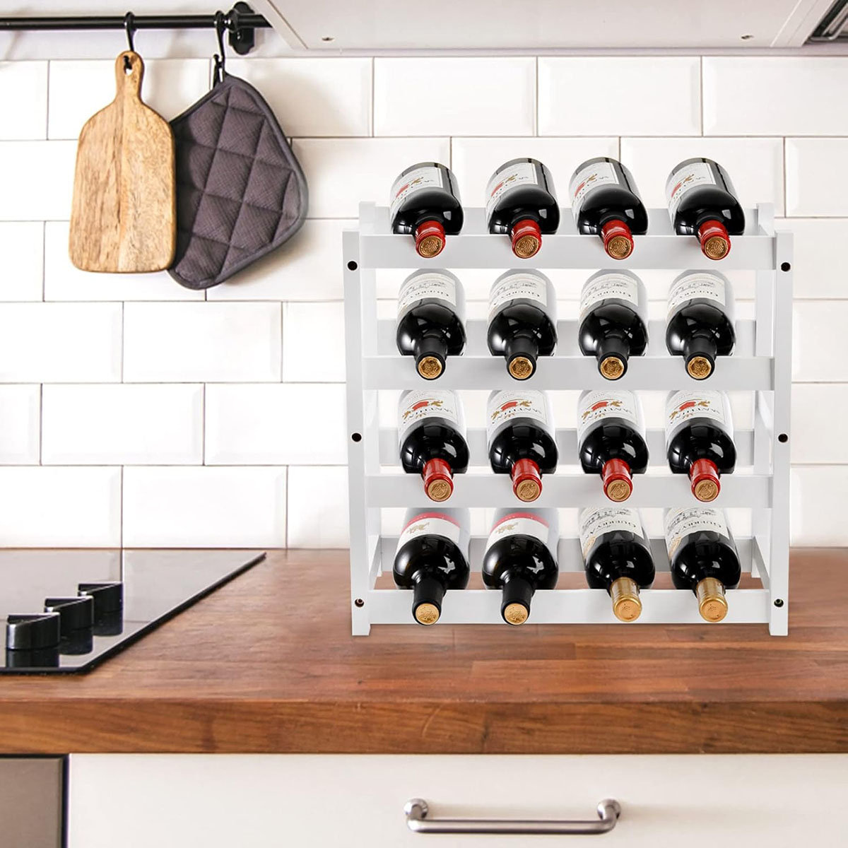 Ebern Designs Wine Rack Freestanding 16 Bottle, 4 Tier Wood Wine Bottle ...