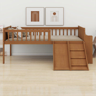 Low Profile Wooden Kids Bed Frame with Storage Shelf, Slide, Ladder & Guardrail
