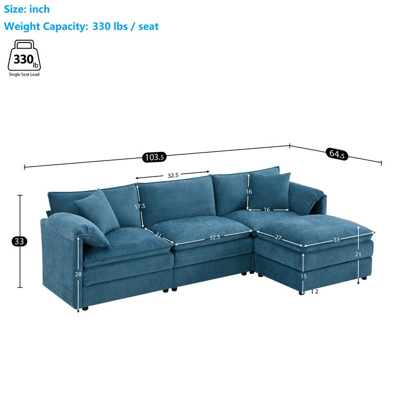 Ensemble modulaire en L 4 pièces en chenille de 4 po, Chenille bleu
