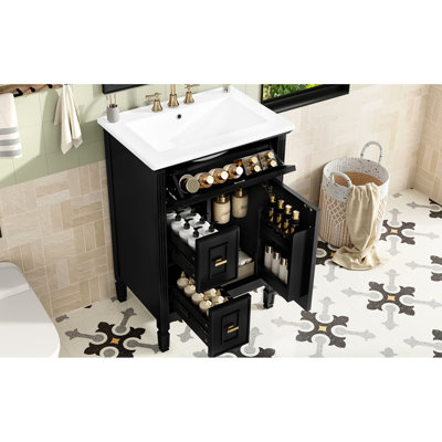 Meuble-lavabo noir 24 po avec lavabo, tiroir en bois massif et un tiroir rabattable, deux tiroirs, tablette réglable, poignées en métal doré, protection contre le débordement, conception peu encombrante, structure facile à nettoyer,