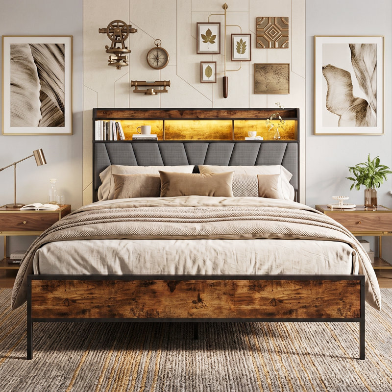 EU Sizes Metal Bed Frame with 2-Tier Storage Headboard & USB Ports, Smart Industrial Bed with App RGB LED, Rustic Brown & Grey, 90/140/160x200cm