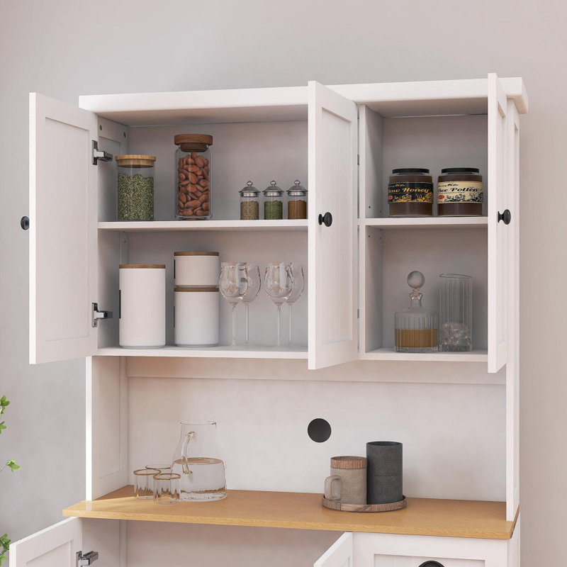 71" Kitchen Pantry Storage Cabinet With Microwave Oven Countertop, Freestanding Hutch Cabinet With Adjustable Shelves, 6 Doors And 1 Drawer-Black