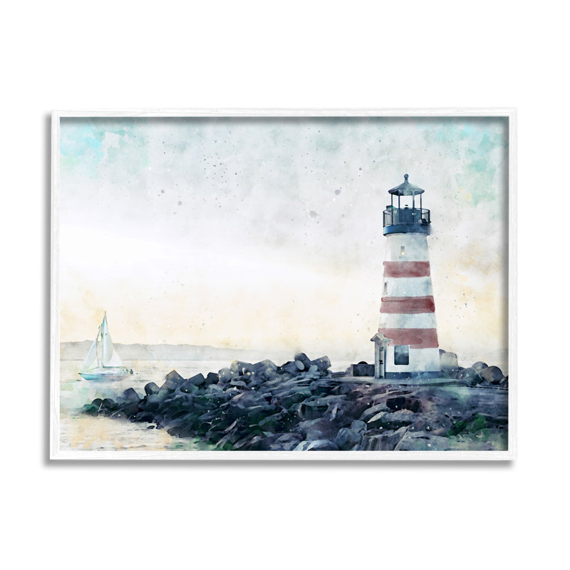 Phare à rayures rouges, plage rocheuse, Coa, par Ziwei Li, H 16 po x l 20 po x P 1,5 po, Giclée encadrée blanc bord de mer