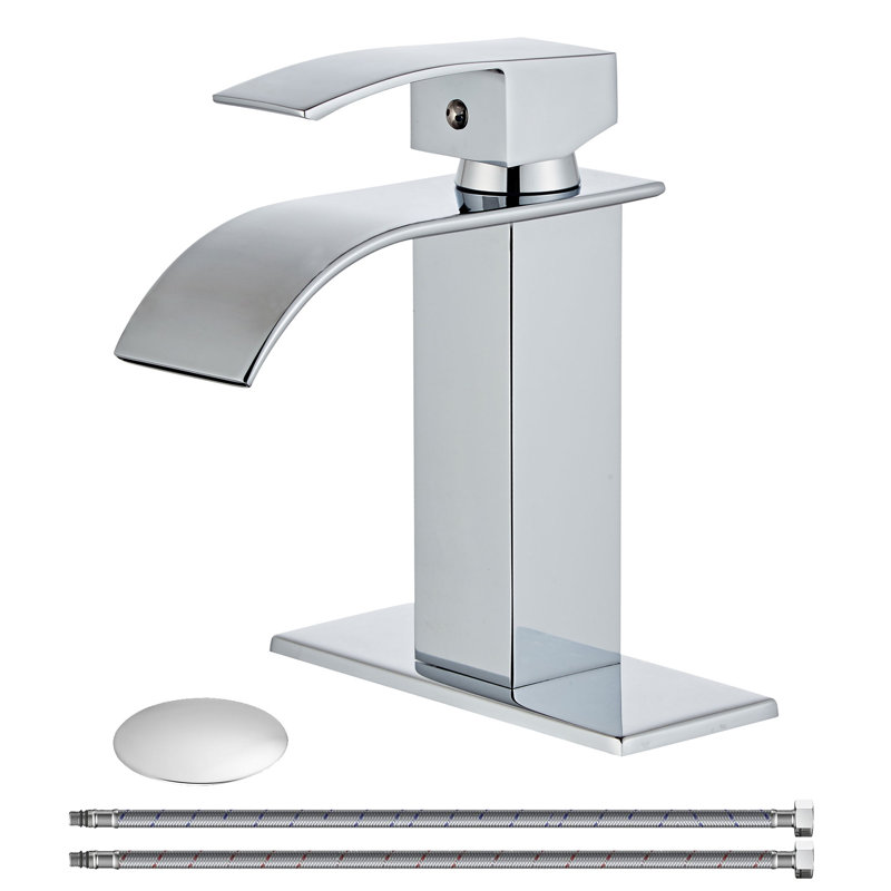 Single Hole Waterfall Bathroom Faucet With Deck Plate With Drain, Chrome 