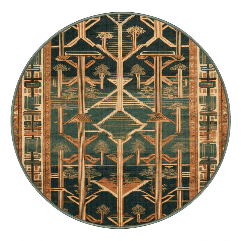 Machine Washable Art Deco Green Area Rug, Round 6'