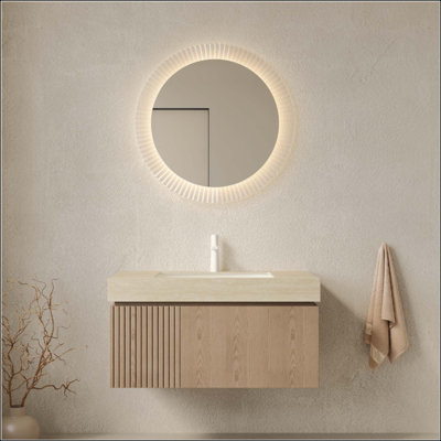 Meuble-lavabo et lavabo de salle de bain, armoire de rangement en contreplaqué flottant avec tiroir et porte, comptoir en pierre frittée Roma Travertine et lavabo en céramique avec 1 trou de robinet pré-percé, pré-assemblé