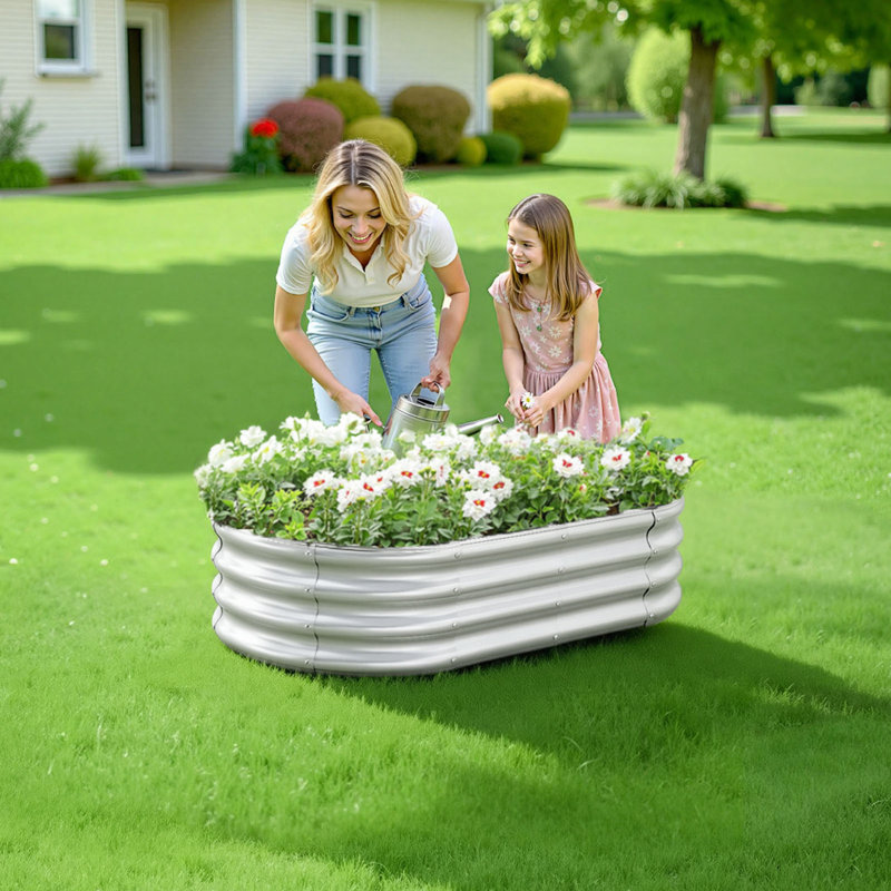 Metal Raised Garden Bed, 4 x 2 x 1 ft Oval Outdoor Galvanized Planter Garden Box, Open Bottom Design, Large Planter Raised Bed for Growing Vegetables, Flowers, and Succulents, Galvanized Color