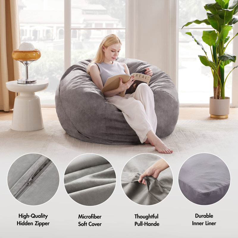 2 in 1 Convertible Bean Bag Chair with Removable Cover, Gray Microfiber/Microsuede, 32" H x 42" W x 42" D