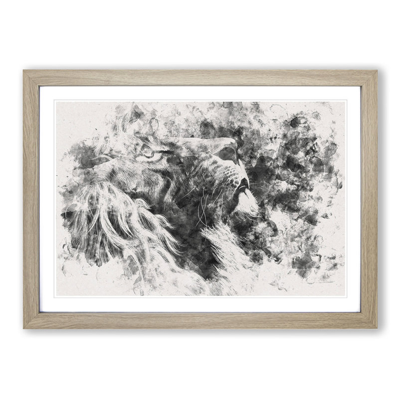 Majestic Lion Illustration Watercolour - Picture Frame Graphic Art Print, 33cm H x 45cm W x 2cm D, Oak Framed