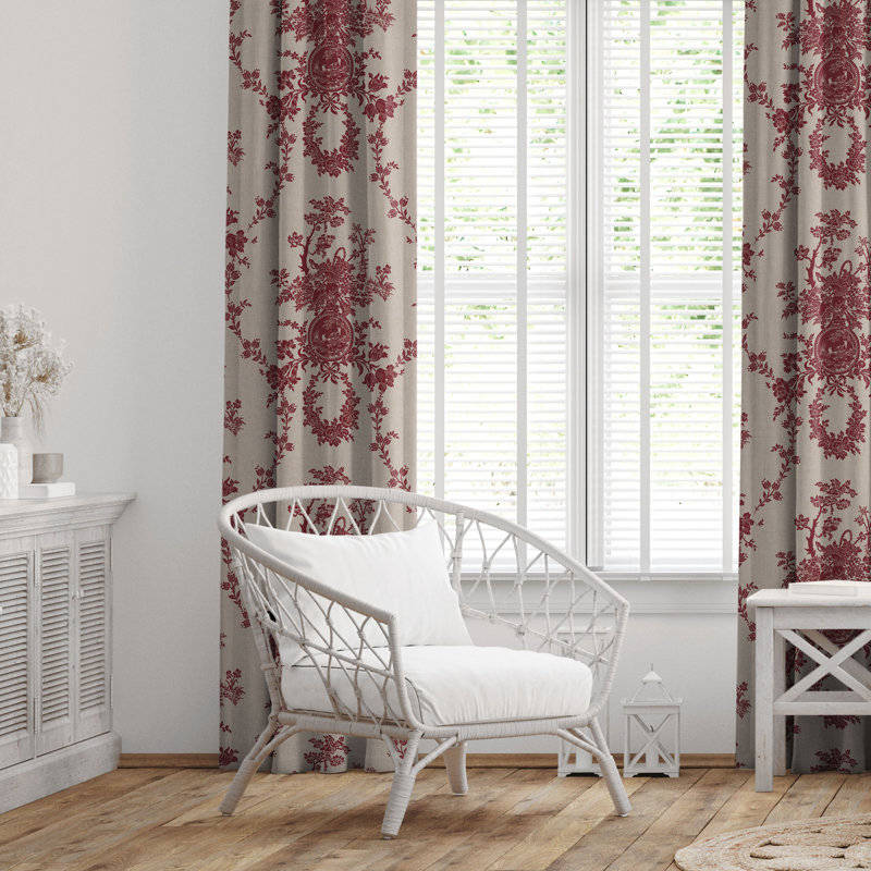 Country Lane Toile Crimson Cotton Simple Top Pocket Drapery Panel Set of 2, 50" W x 108" L