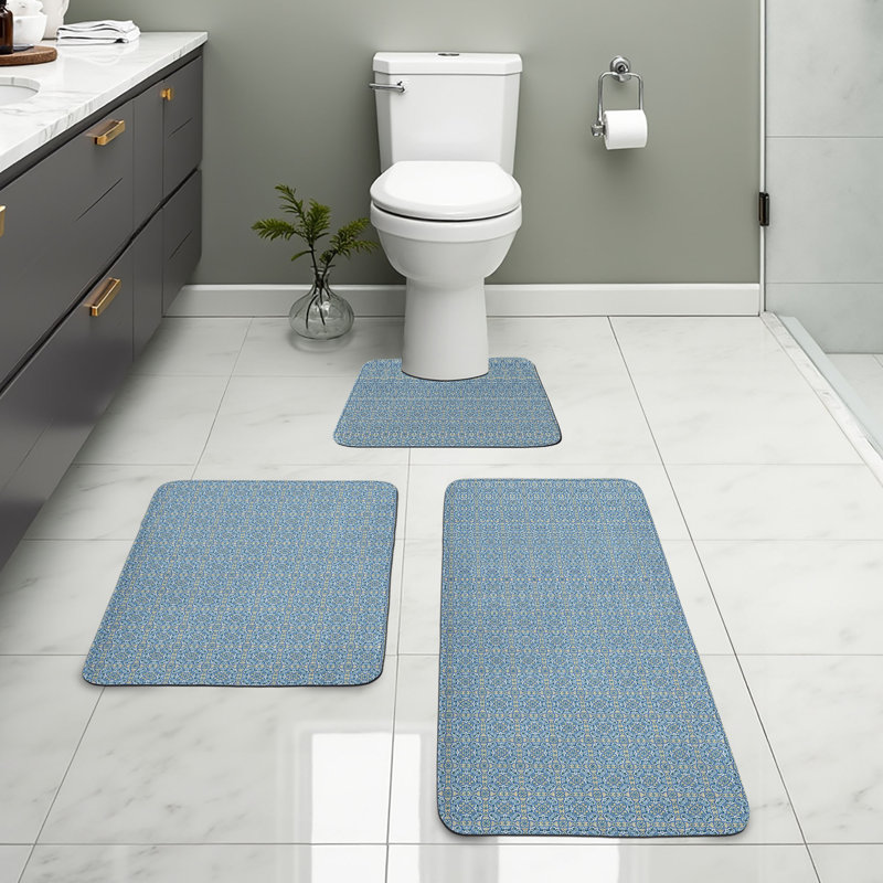  Floral Bathroom Rug Set 3 Pieces U-Shape & Rectangle Mats Pale Blue Green and Blue