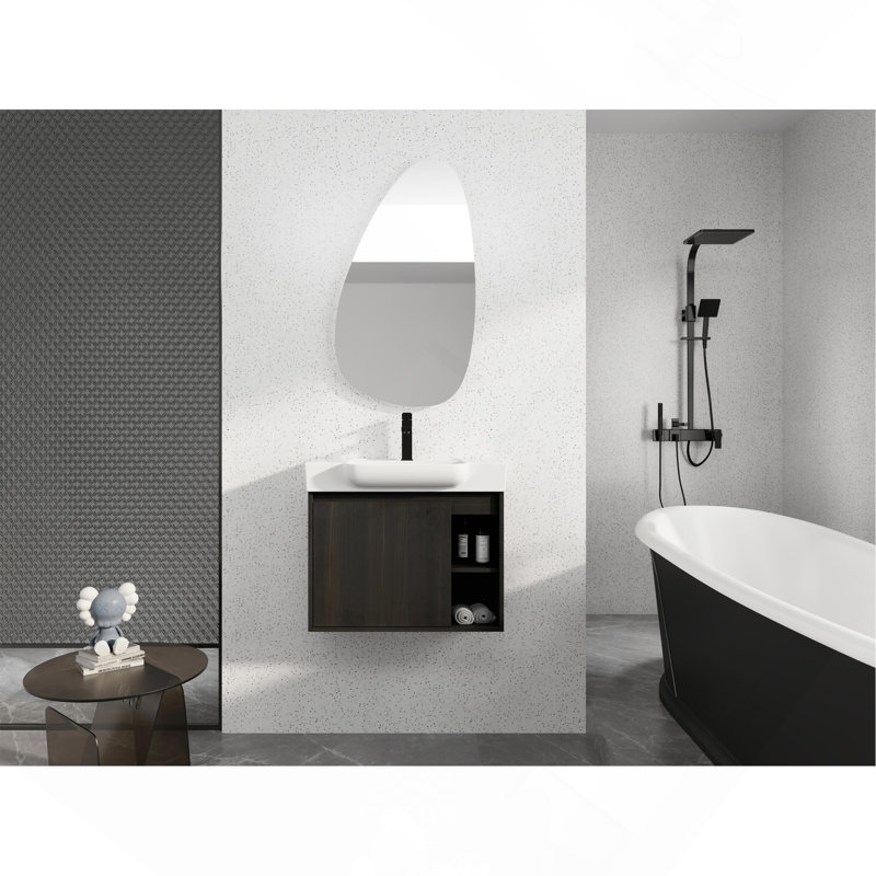 Meuble-lavabo mural 28 po avec lavabo en céramique blanche et porte à fermeture en douceur, chêne foncé, Dark Brown