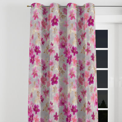 Floral Window curtains - Grey Fuschia Whisper Grommet Curtain - 1 Panel