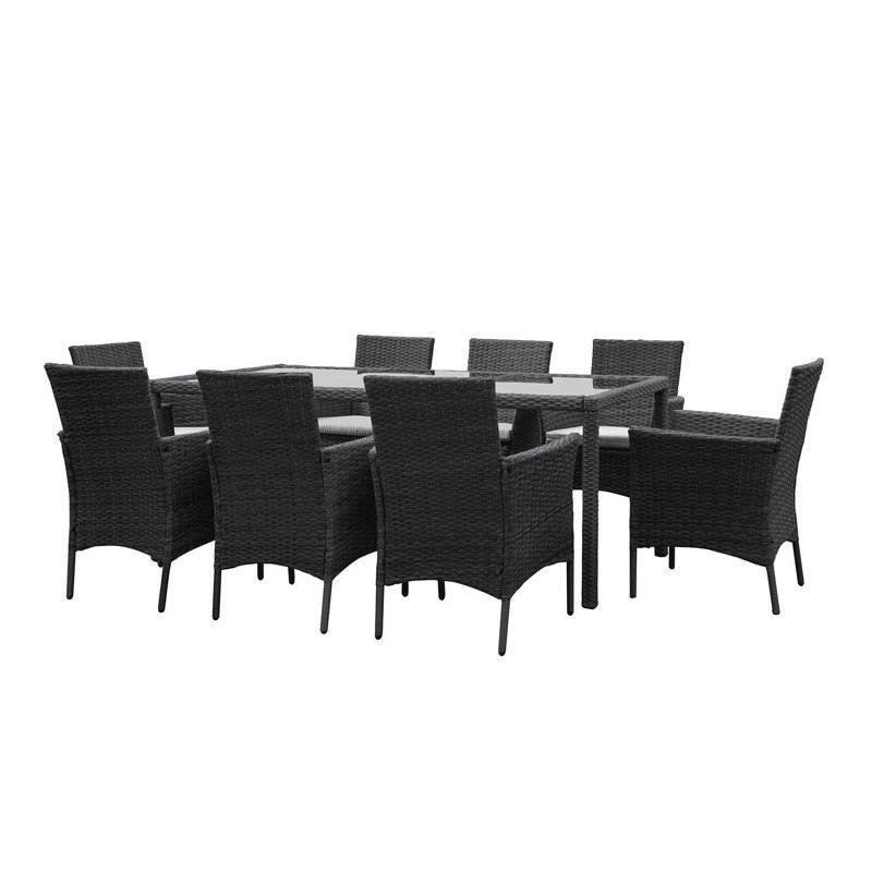 Ahmid 8 Seater Rattan Garden Dining Set with Cream LED Premium Parasol & Cover, Black, Cream