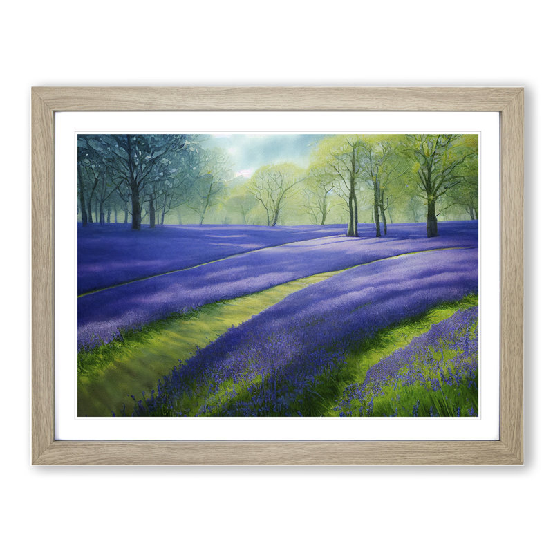 Watercolour Bluebell Field - Single Picture Frame Print, 46cm H x 64cm W x 2cm D, Oak Framed