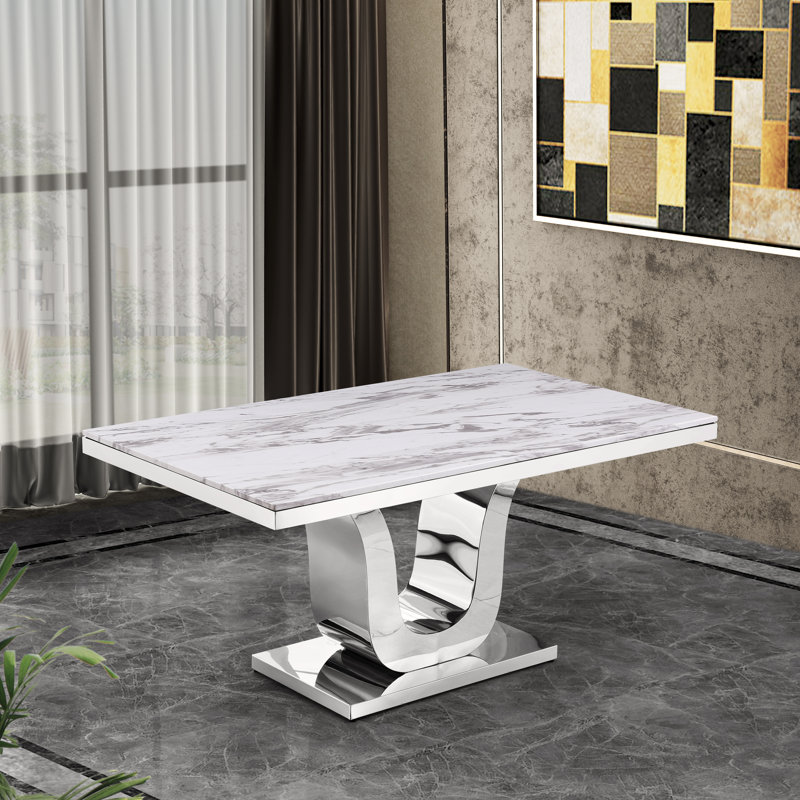 Amias Marble Top Pedestal Dining Set, Dark Gray, White/Silver, 7