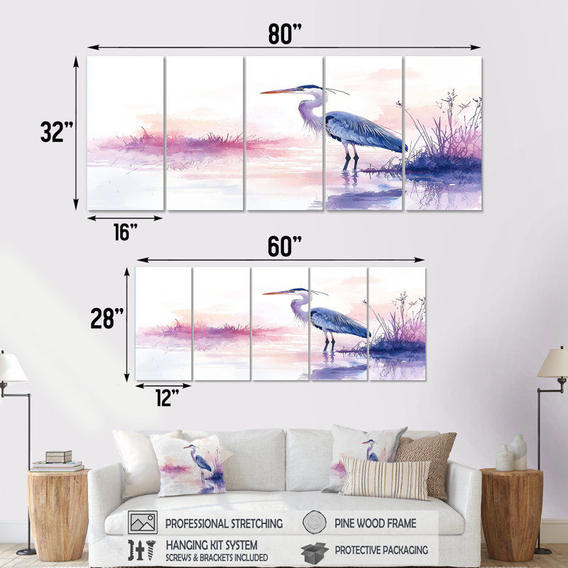 «Blue Heron At Dusk II», art mural héron, ensemble de décorations murales modernes, H 28 po x l 60 po, 5