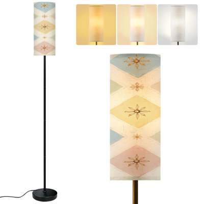  68.5" Standing Floor Lamp Pastel Geometric Diamond Floral Motifs Soft Dimmable Metal Pole Lamp with Linen Lampshade LED Bulb Included