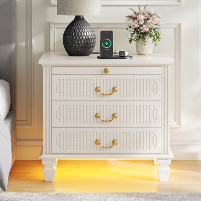 4-Drawer Solid Wood Nightstand With Charging Station, Human Sensor Light, Cable Management