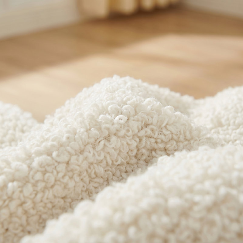 Lit plateforme grand en tissu bouclé de style crème - Structure rembourrée en forme de nuage doux avec pieds en bois massif, aucun sommier nécessaire