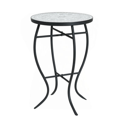 Outdoor Round Side Table with Mosaic-Style Top and Curved Iron Legs, Perfect for Patio and Garden Decor