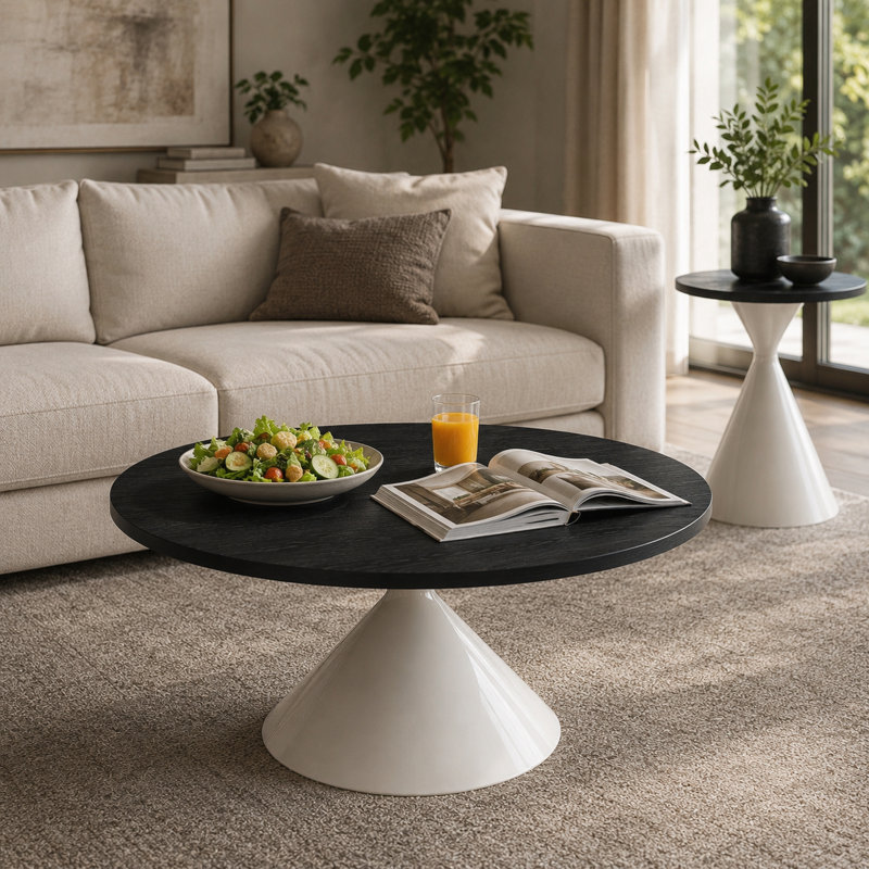 Ensemble de 2 tables basses rondes, plateau de table à motif noir avec base en acier, table basse multifonctionnelle (noir et blanc)