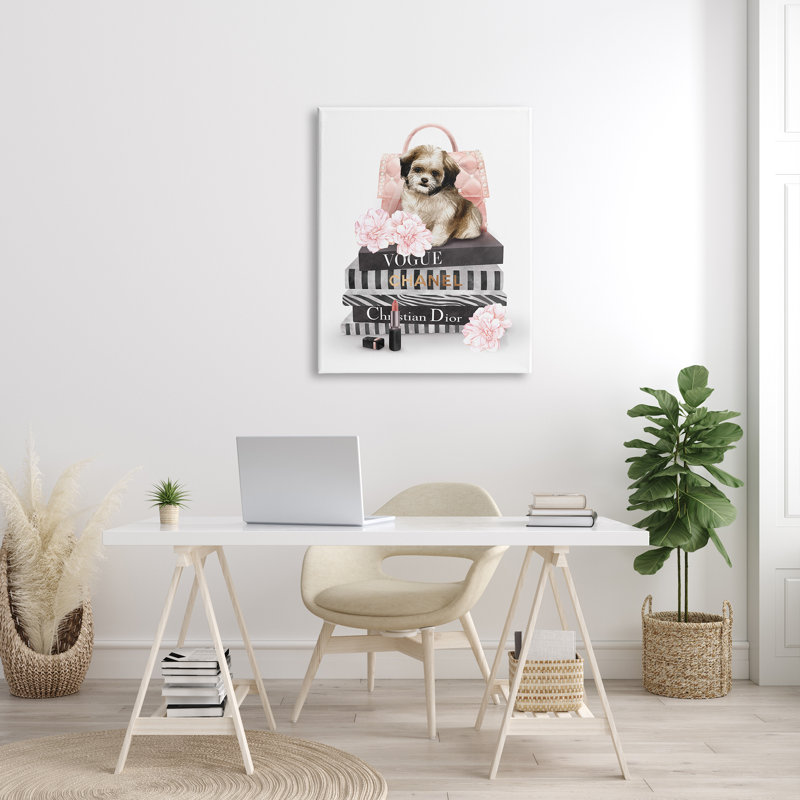 Chiot moelleux sur des livres de mode, fleurs roses, giclée noire, art texturé par Ziwei Li, H 40 po x l 30 po x P 1,5 po