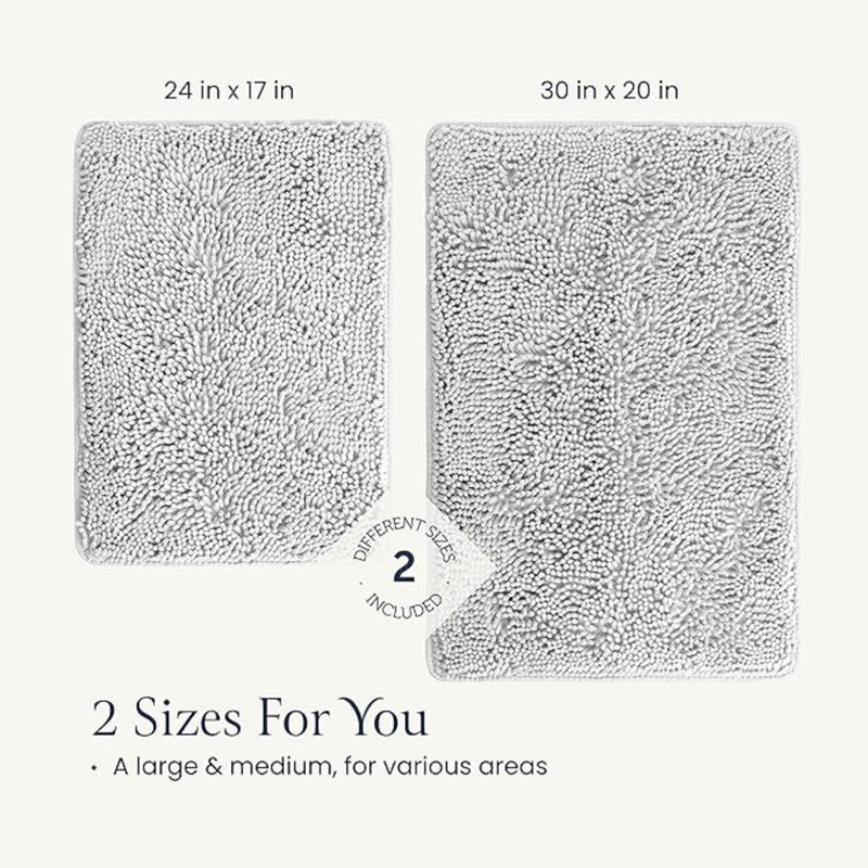 Ensemble de tapis de bain moelleux - 2 tapis de salle de bain en chenille à séchage rapide avec envers en caoutchouc, absorbant et lavable - 24 x 17 + 30 x 20