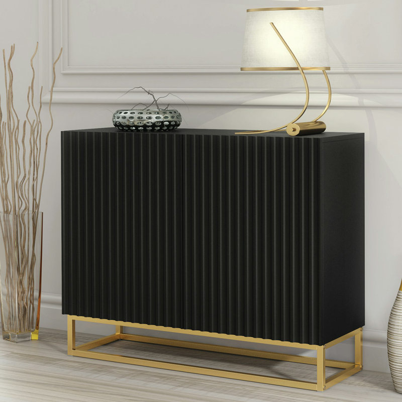 Modern Sideboard with Fluted Fronts & Gold Legs – 100cm Storage Cabinet, Black