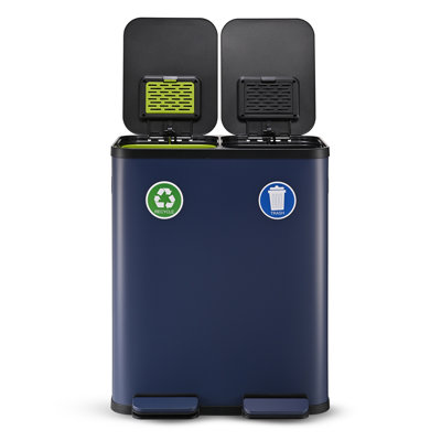 SIMPLI-MAGIC 16 Gallon Dual Compartment Step Trash Can with Slow-Close Lids, Kitchen Garbage Can, Waste and Recycling Bins, Odor Control, Hands-Free, Easy to Clean, Blue