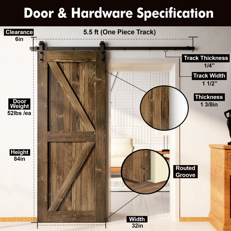 Arrow Design Colour Solid Pine Wood Unassembled Door with Black Rustic Installation Hardware Kit, 32" x 84", Dark Walnut