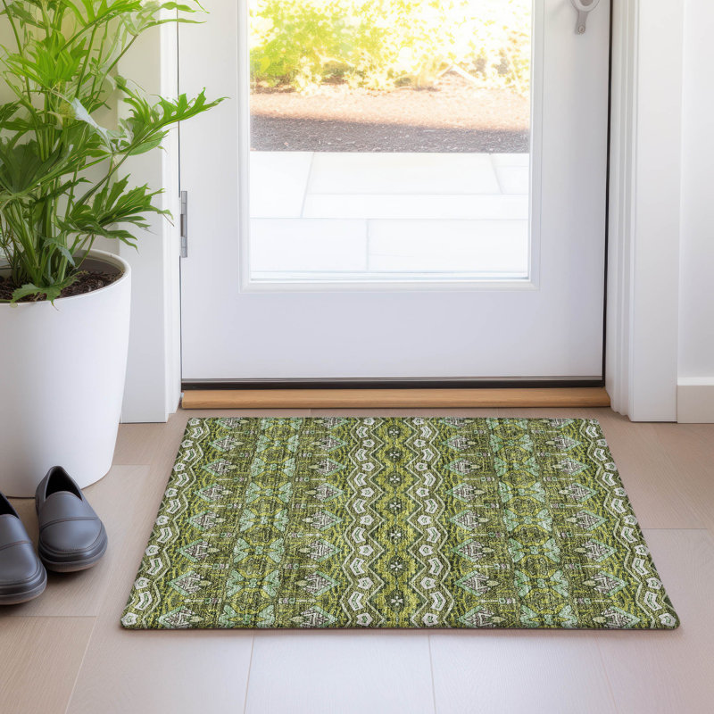 Tapis olive Prisco lavable à la machine de qualité supérieure, Rectangle 1 pi 8 po x 2 pi 6 po