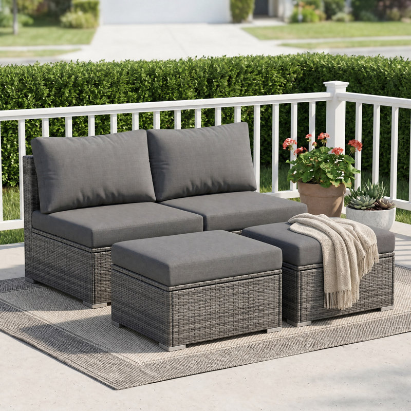 4pcs Sectional Furniture Set Armless Chairs With 4" Cushion And Ottoman, Dark Gray Cushion/Gray Frame, 2 Chairs + 2 Ottomans