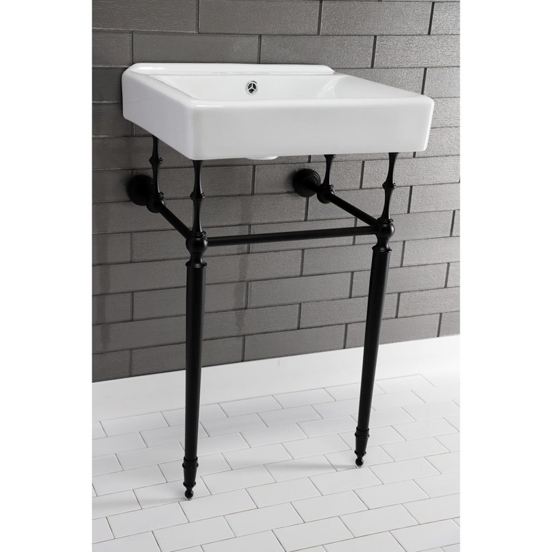 Kingston Brass Edwardian 20-Inch Porcelain Console Sink with Brass Legs (4-Inch, 3-Hole), White/Matte Black