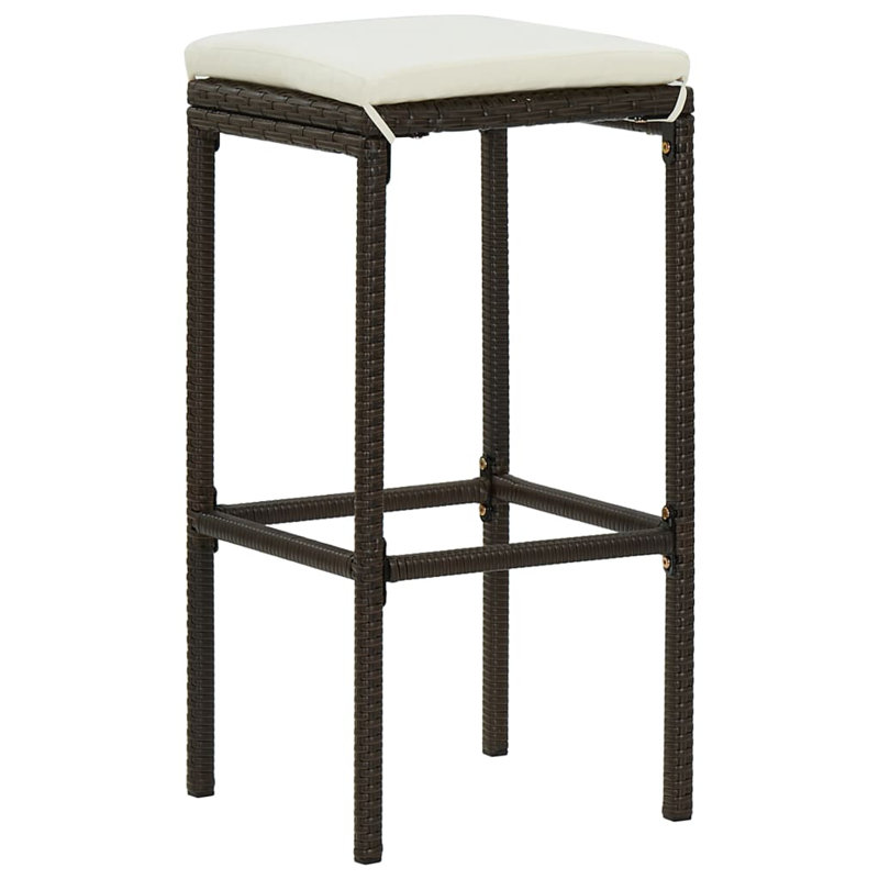 White Steel Bar Stool with Brown Poly Rattan Cushions, Set of 2
