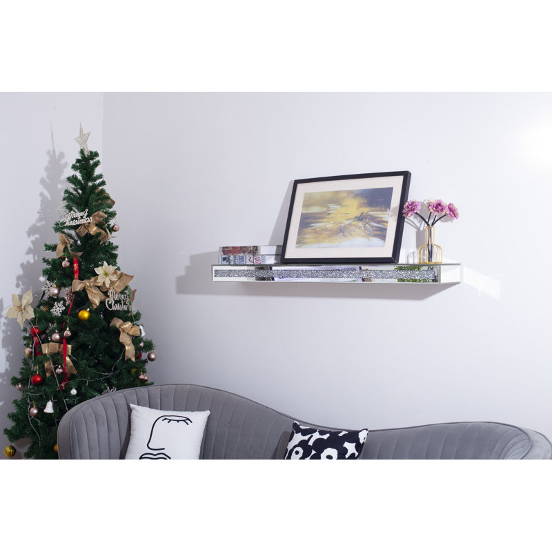 Mirrored Floating Shelf with Crushed Diamond fireplace shelf, 8cm H x 120cm W x 20cm D