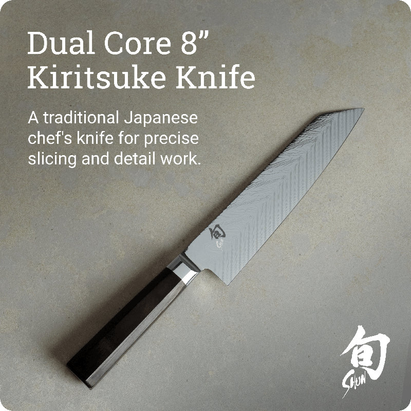 Shun Dual Core 8" Kiritsuke Knife, Handcrafted Japanese Kitchen Knife for Professional and Home Chefs, VG10 and VG2 Damascus Steel Blade, Pakkawood Handle