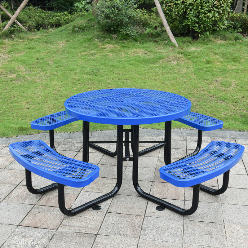 Table de pique-nique d'extérieur en acier de 46 po, bleu, avec porte-parapluie, idéale pour les pique-niques, le camping, le barbecue, le support de table de pêche bleu, une table convenable,