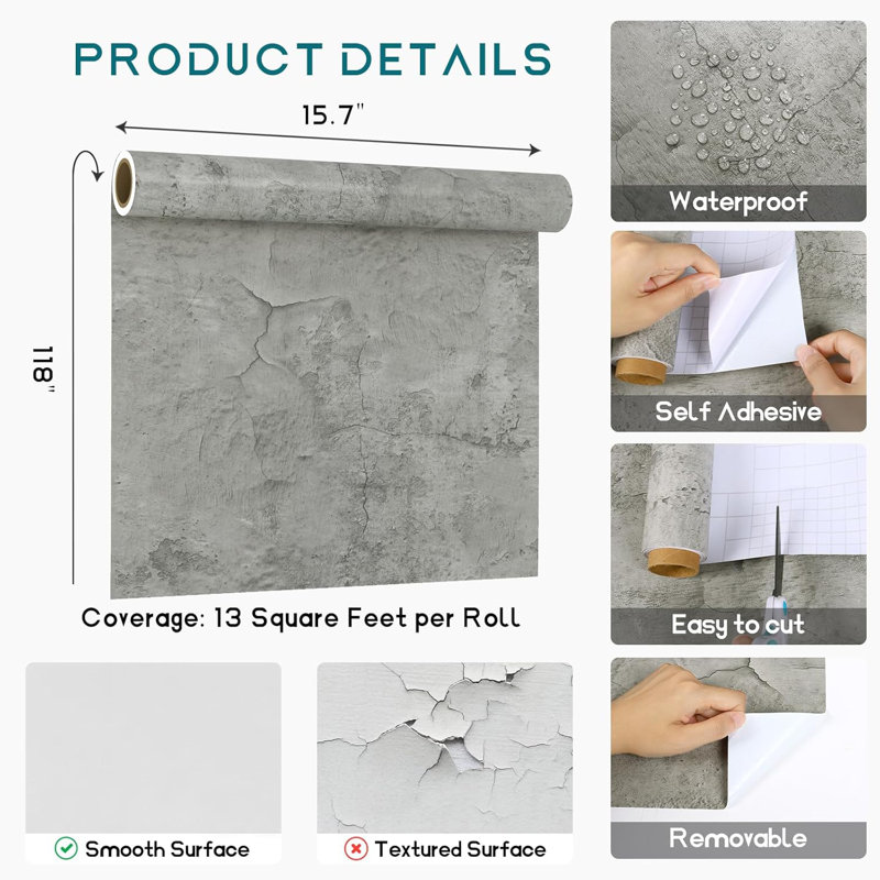 Papier peint auto-adhésif texturé auto-adhésif 15,7 "x118" pour murs, comptoirs, meubles - aspect ciment industriel, imperméable, amovible et convivial
