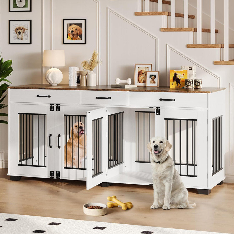 71'' Large Heavy Duty Wooden Dog Crates with 3 Drawer & Divider