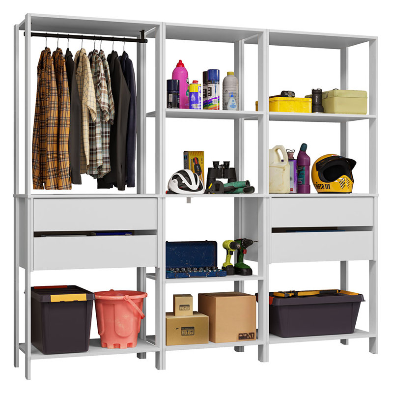  Garage Storage Rack with  Drawers, Open Shelves and Hanging Space  Multiuse Modular Organization Cabinet for Tools - White