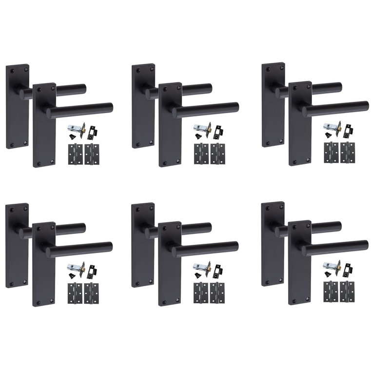  6 Sets T-Bar Door Handles on Lever Backplate in Matt Black Finish Complete with Latch, Lock and 1 Pair of 3" Ball Bearing Hinges