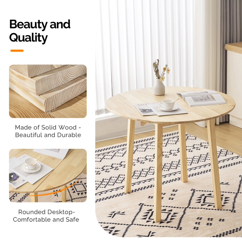 Extendable Round Solid Wood Dining Table, Light Brown