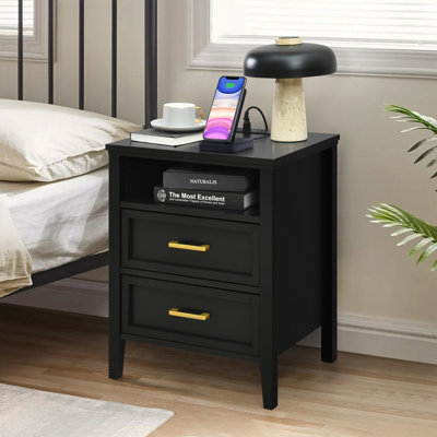 Stanley 2 Drawer Nightstand With Charging Station, Bedside Table With Storage Drawers, Night Stand For Bedroom, End Table Or Side Table For Living Room, 15.5" D X 18.9" W X 24" H, Black