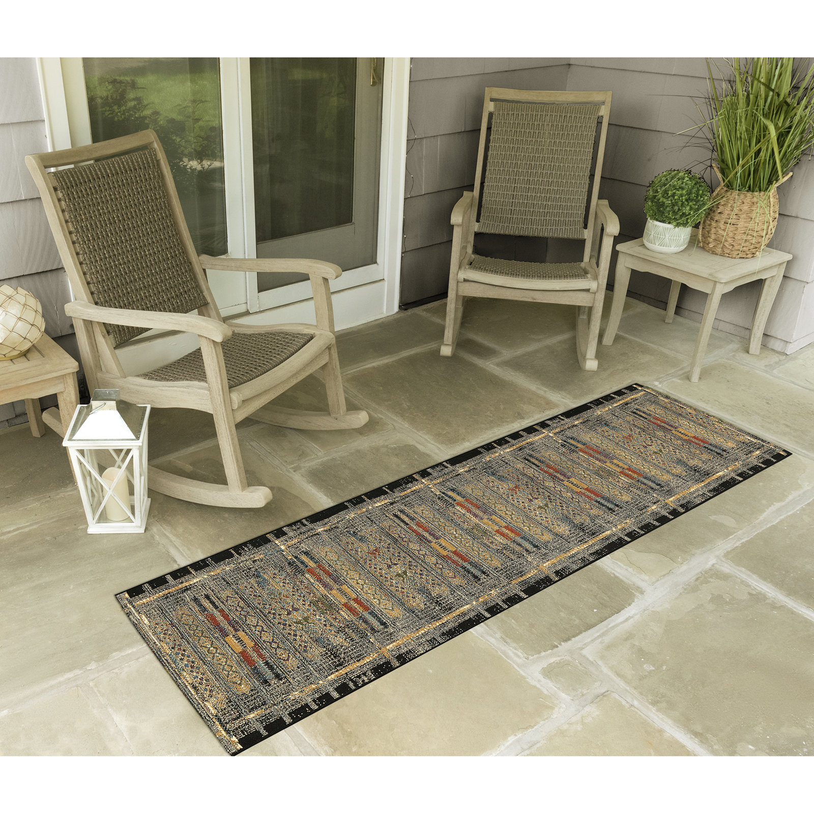 Sesena Black/Gold/Orange/Green/Blue/Ivory/Grey Indoor/Outdoor Rug, Runner 1'11" x 7'6"