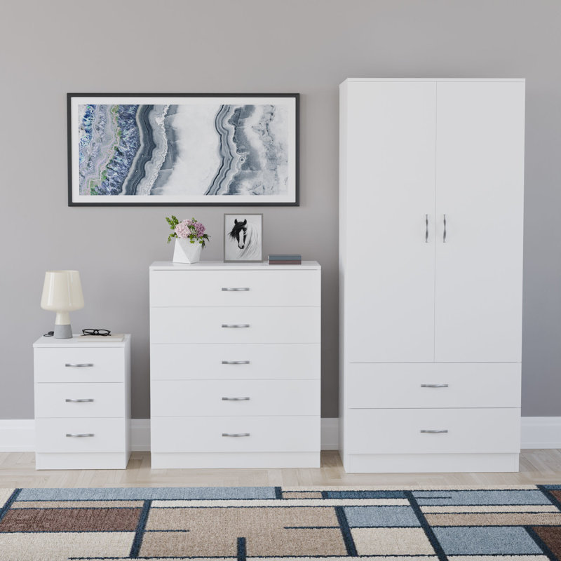 Maybery 3 Piece Bedroom Set (3 Drawer Bedside Chest, 5 Drawer Chest, 2 Door 2 Drawer Wardrobe), (4), White