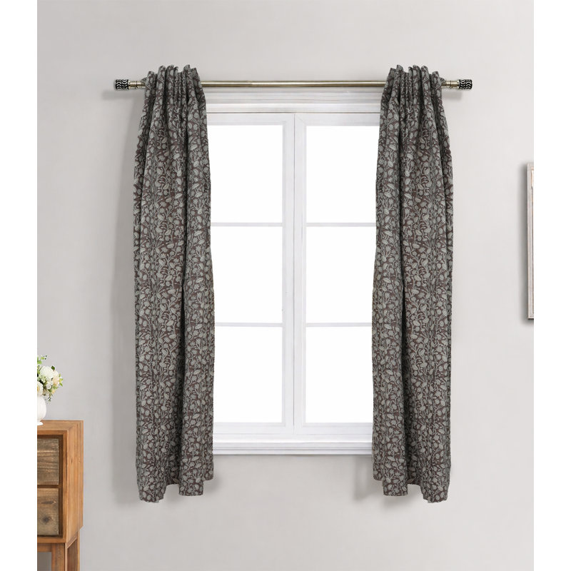 Panneau de rideau à anneaux à motif de blocs rétro vintage, rideaux floraux en lin brun pur style bohème pour salon et chambre à coucher - Pishta