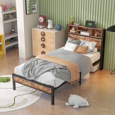 Bed Frame With Storage Headboard, Metal Platform Bed With Charging Station,  Bookcase Storage, No Box Spring Needed, Easy Assembly